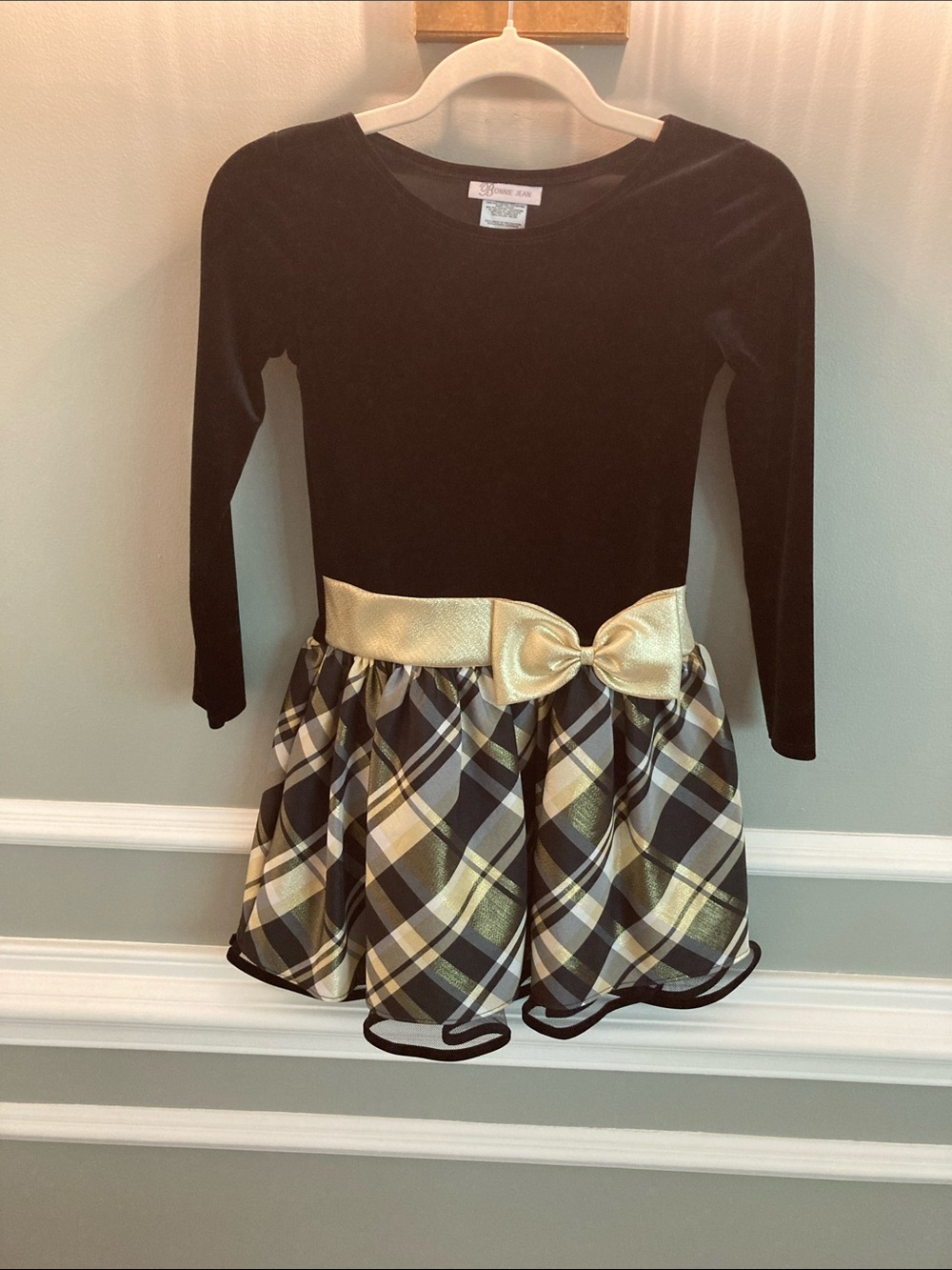 Bonnie Jean Black and Gold Plaid Bow Party Dress